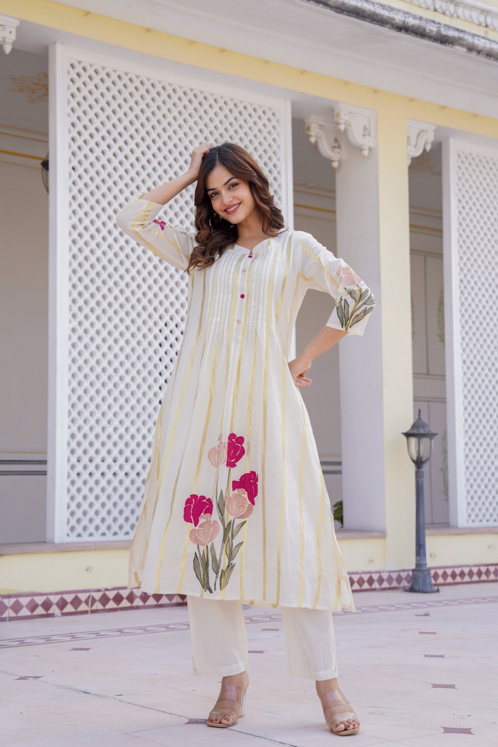 Women's Beige Fusion Regular Fit Embroidered Three Quarter Sleeves Kurtas Sets