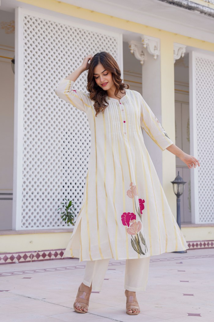 Women's Beige Fusion Regular Fit Embroidered Three Quarter Sleeves Kurtas Sets