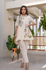 Women's Beige Work Regular Fit Embroidered Half Sleeves Co-Ord Sets