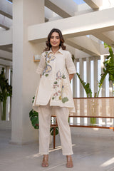 Women's Beige Work Regular Fit Embroidered Half Sleeves Co-Ord Sets