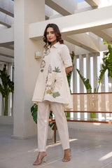 Women's Beige Work Regular Fit Embroidered Half Sleeves Co-Ord Sets