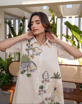 Women's Beige Work Regular Fit Embroidered Half Sleeves Co-Ord Sets