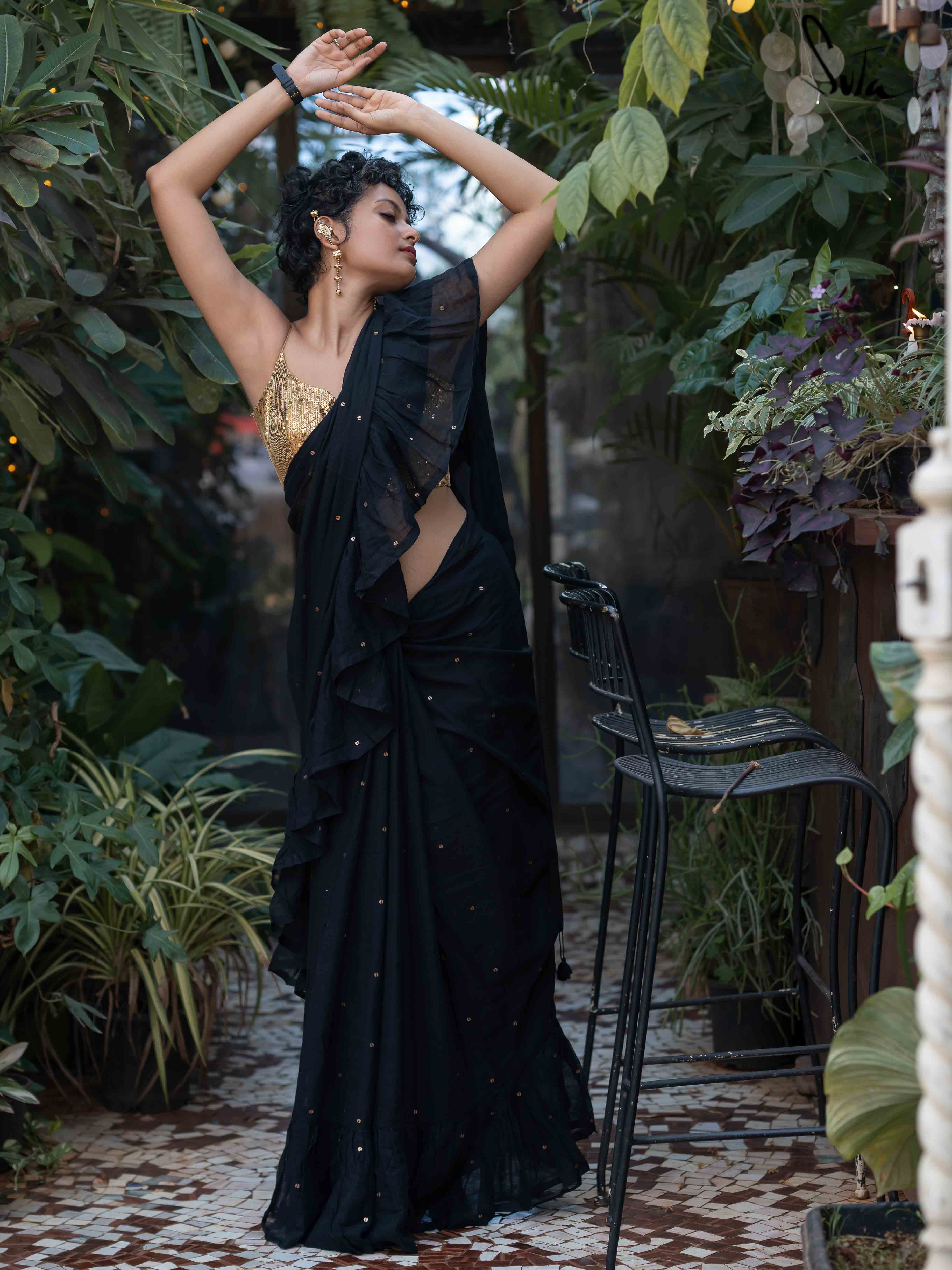 Women's Black Mul Cotton Saree