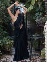 Women's Black Mul Cotton Saree