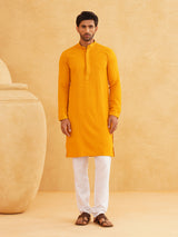 Men's Yellow Full Sleeves Embroidered Straight Kurta