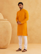 Men's Yellow Full Sleeves Embroidered Straight Kurta