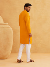 Men's Yellow Full Sleeves Embroidered Straight Kurta