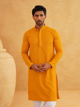 Men's Yellow Full Sleeves Embroidered Straight Kurta