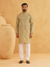 Men's Green Full Sleeves Straight Cotton Kurta