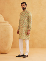 Men's Green Full Sleeves Straight Cotton Kurta