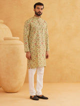 Men's Green Full Sleeves Straight Cotton Kurta
