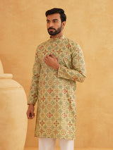 Men's Green Full Sleeves Straight Cotton Kurta