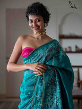 Women's Blue Linen Saree with Blouse Piece