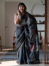 Women's Linen Black Saree with Blouse Piece Saree