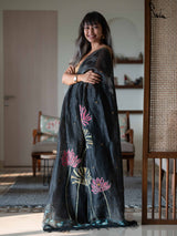 Women's Linen Black Saree with Blouse Piece Saree