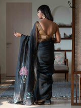 Women's Linen Black Saree with Blouse Piece Saree