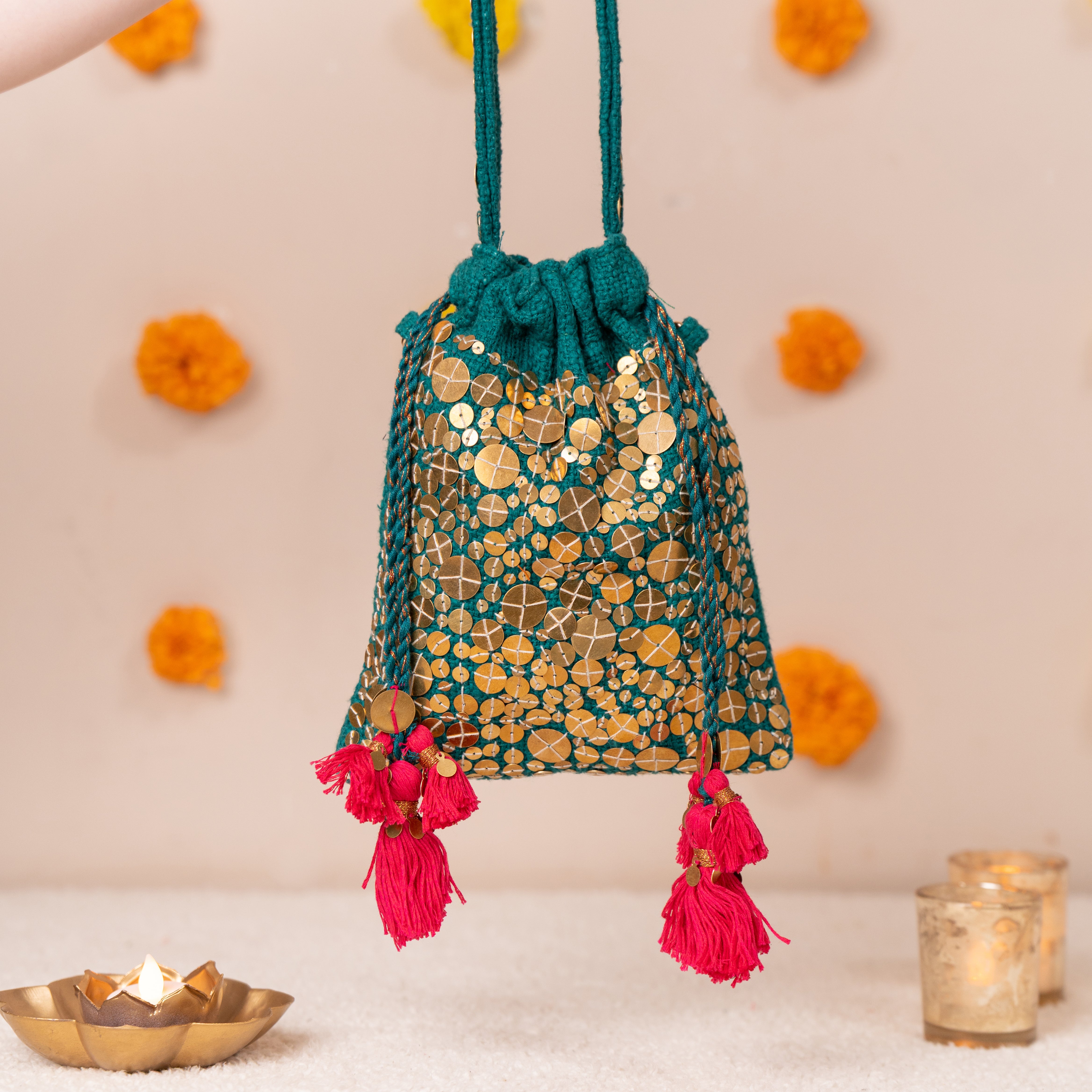 Women's Green Radha Rass Festive Potli