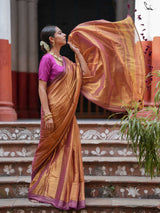 Women's Orange Cotton Zari Saree