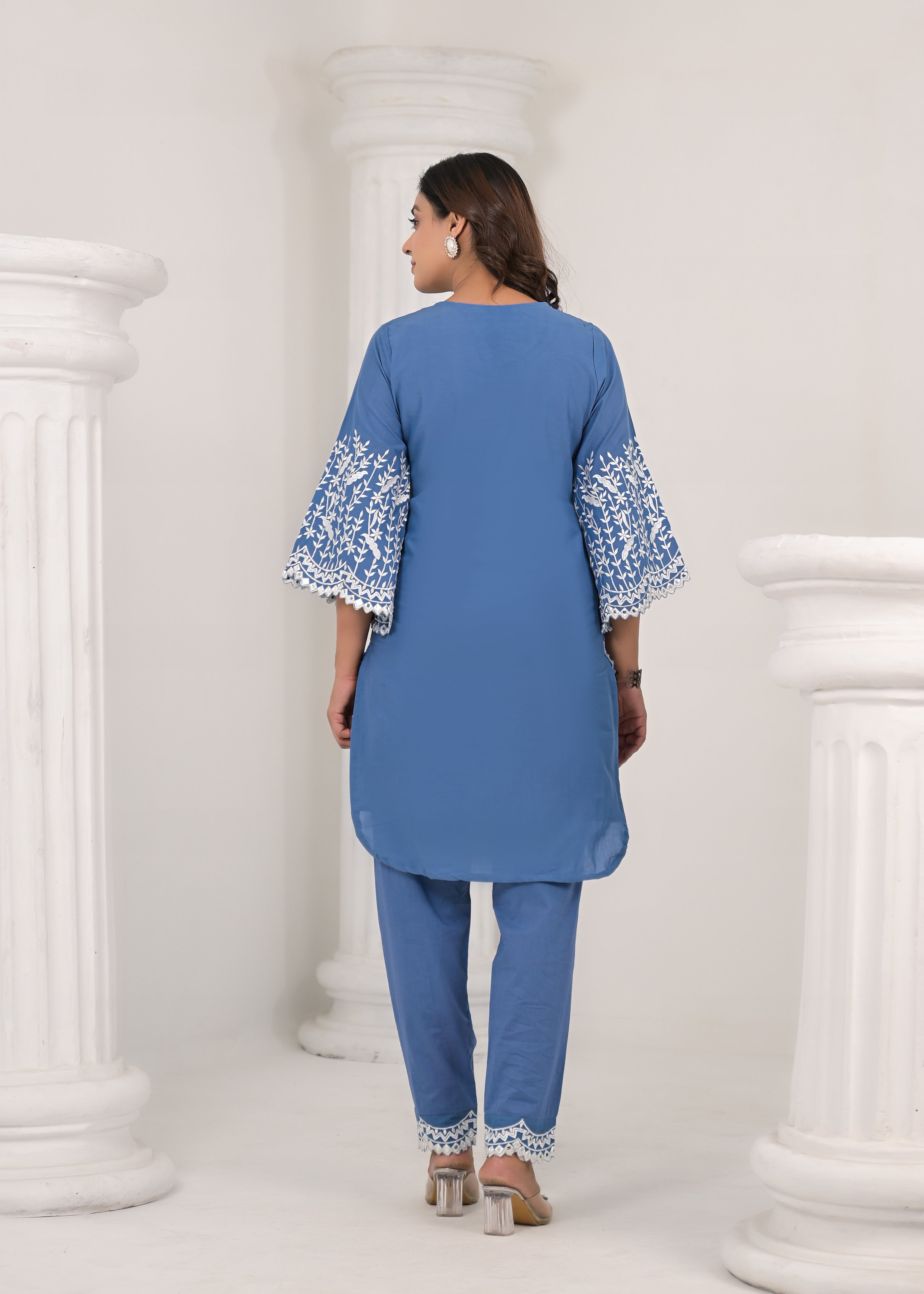 Women's Blue Work Regular Fit Embroidered Three Quarter Sleeves Co-Ord Sets