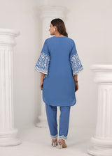 Women's Blue Work Regular Fit Embroidered Three Quarter Sleeves Co-Ord Sets