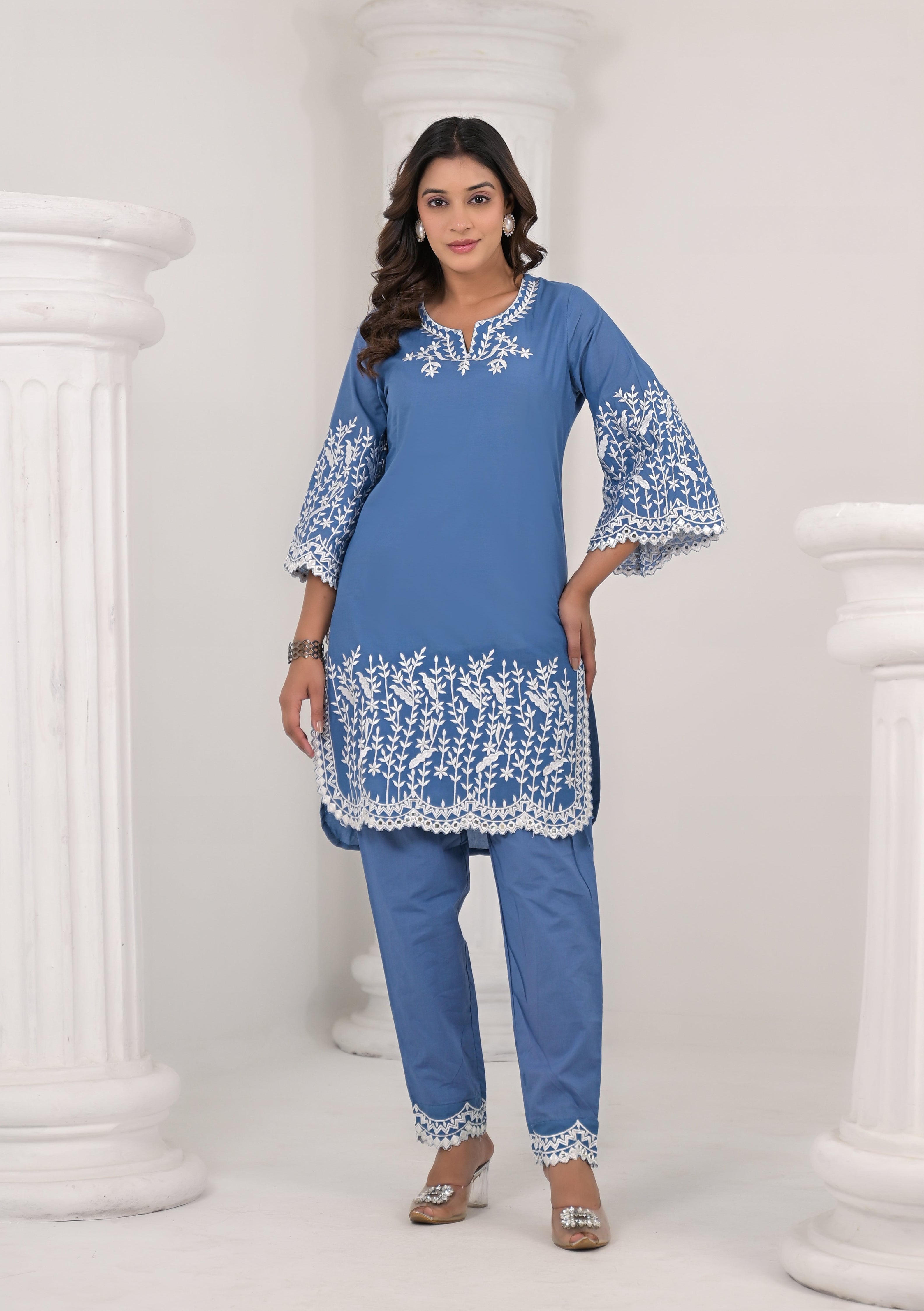 Women's Blue Work Regular Fit Embroidered Three Quarter Sleeves Co-Ord Sets