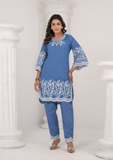 Women's Blue Work Regular Fit Embroidered Three Quarter Sleeves Co-Ord Sets
