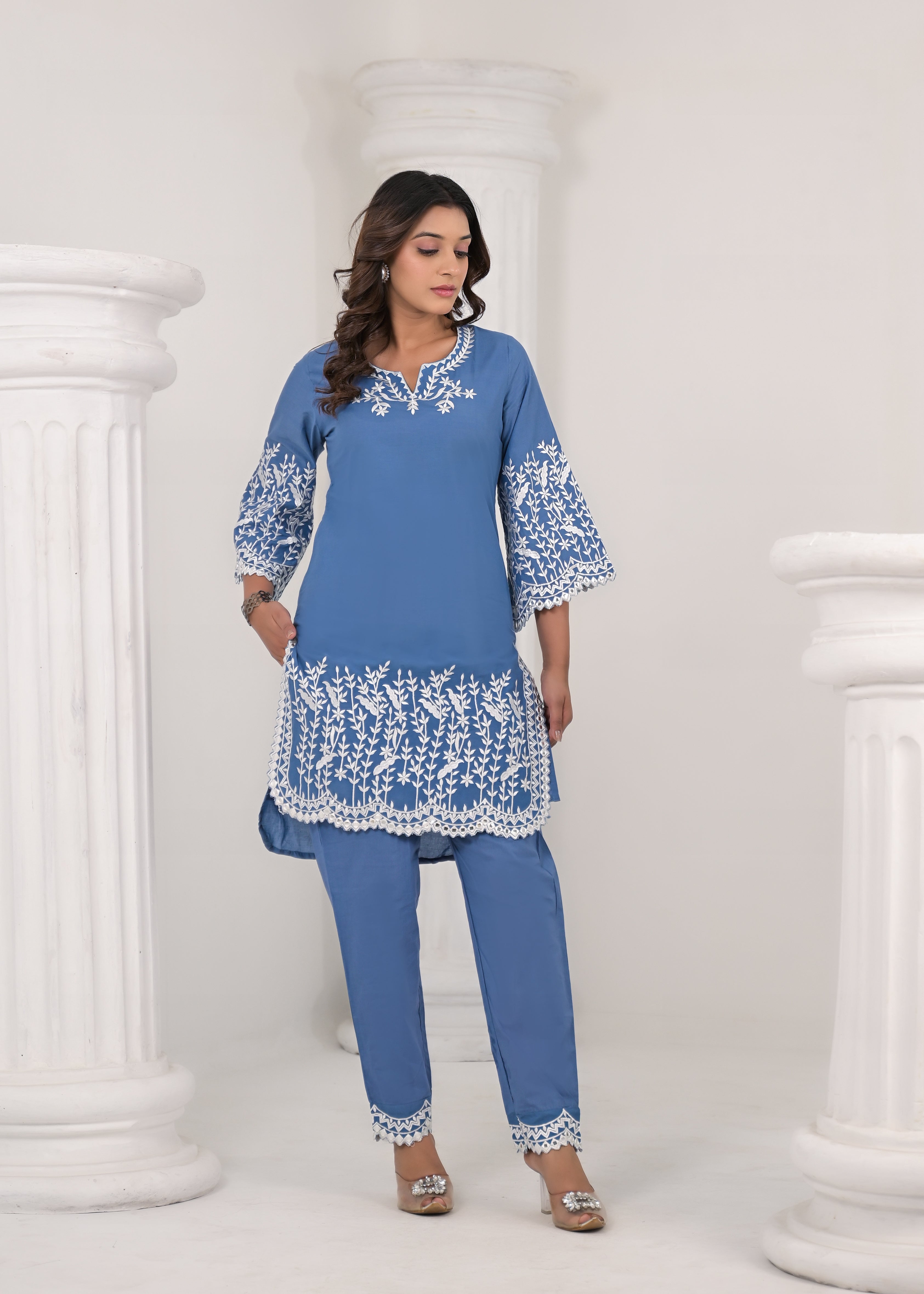Women's Blue Work Regular Fit Embroidered Three Quarter Sleeves Co-Ord Sets