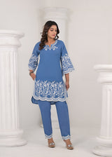 Women's Blue Work Regular Fit Embroidered Three Quarter Sleeves Co-Ord Sets