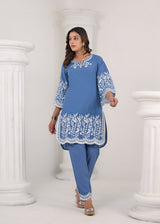 Women's Blue Work Regular Fit Embroidered Three Quarter Sleeves Co-Ord Sets