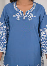 Women's Blue Work Regular Fit Embroidered Three Quarter Sleeves Co-Ord Sets