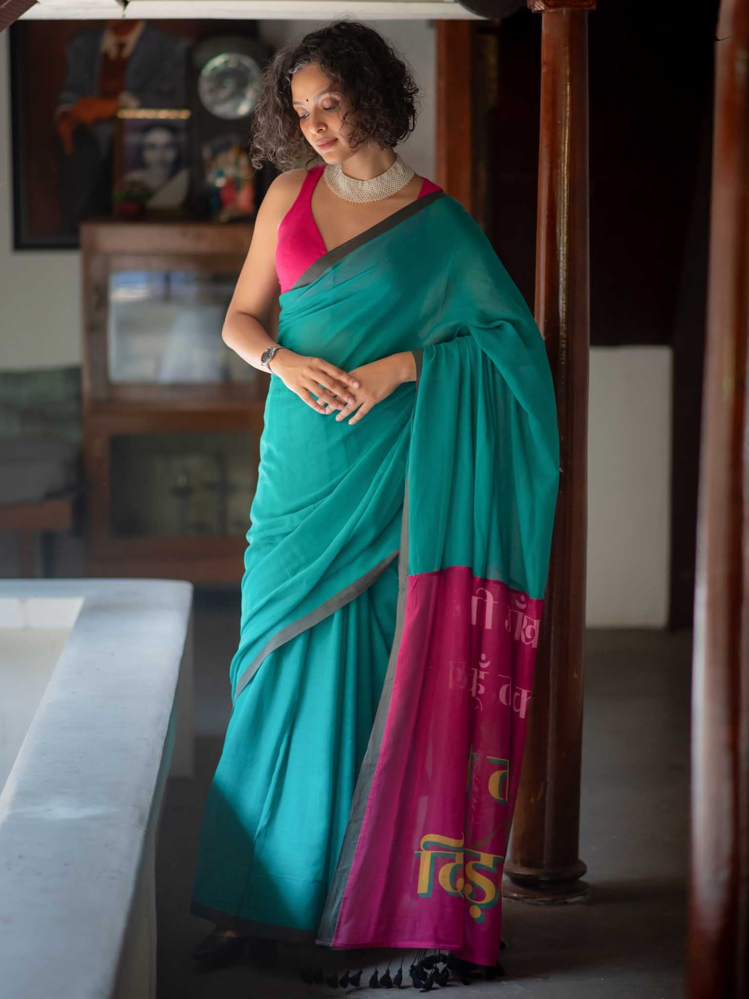 Women's Green Mul Cotton Saree