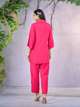 Women's Pink Work Regular Fit Embroidered Three Quarter Sleeves Co-Ord Sets