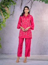 Women's Pink Work Regular Fit Embroidered Three Quarter Sleeves Co-Ord Sets