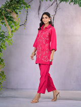 Women's Pink Work Regular Fit Embroidered Three Quarter Sleeves Co-Ord Sets