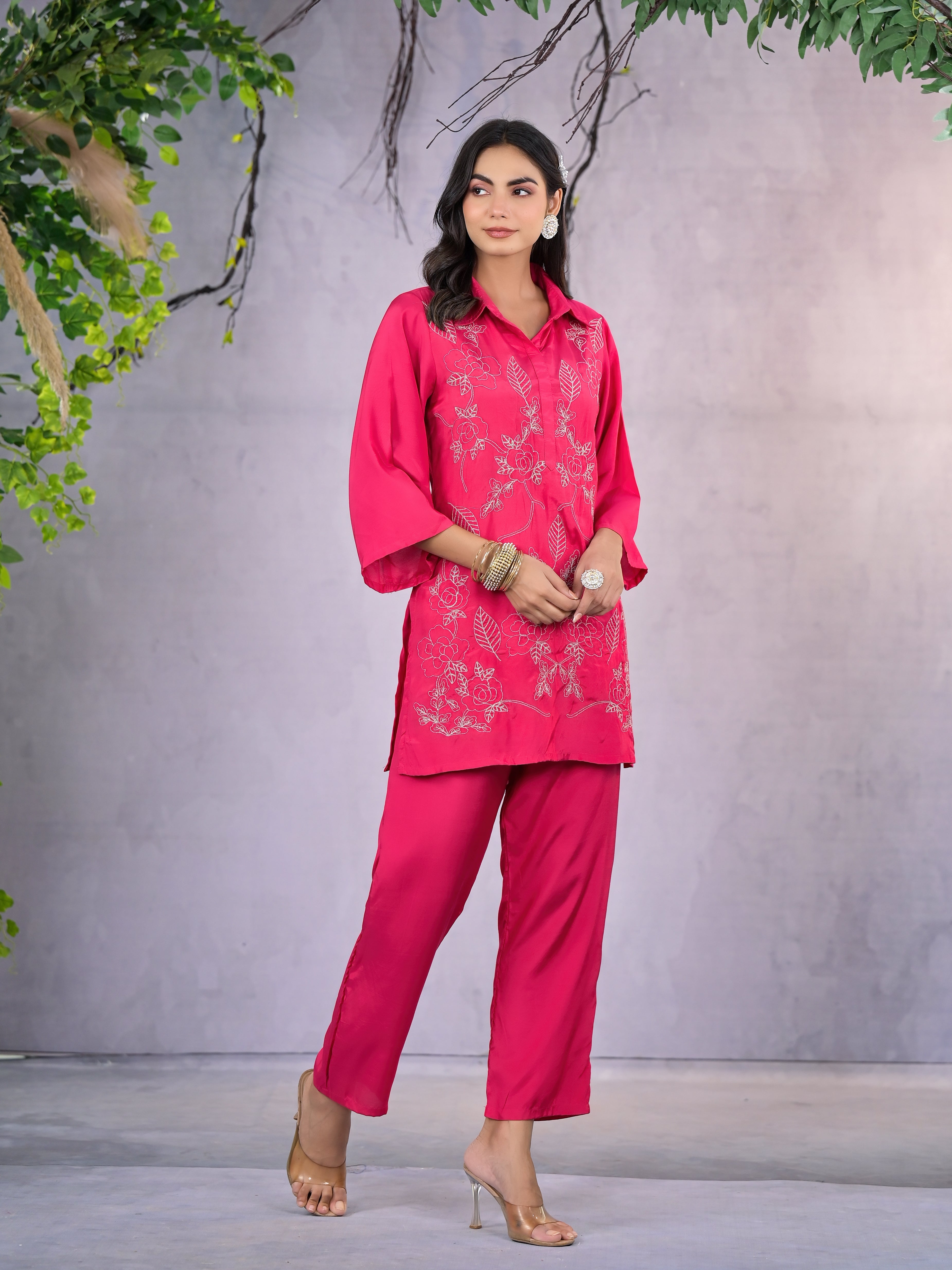 Women's Pink Work Regular Fit Embroidered Three Quarter Sleeves Co-Ord Sets