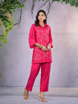 Women's Pink Work Regular Fit Embroidered Three Quarter Sleeves Co-Ord Sets