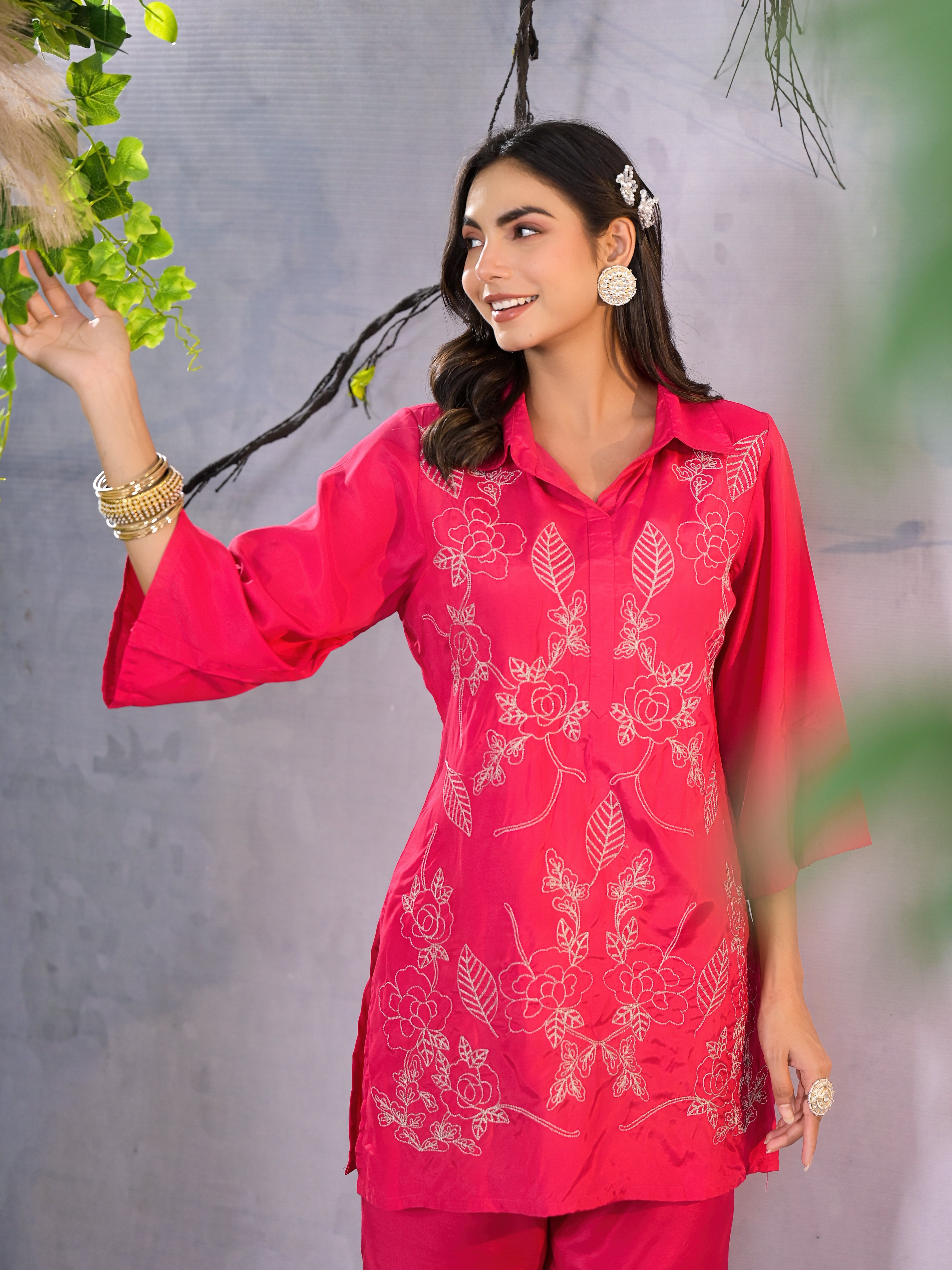 Women's Pink Work Regular Fit Embroidered Three Quarter Sleeves Co-Ord Sets