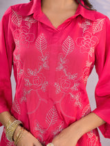 Women's Pink Work Regular Fit Embroidered Three Quarter Sleeves Co-Ord Sets