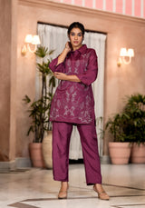 Women's Purple Work Regular Fit Embroidered Three Quarter Sleeves Co-Ord Sets