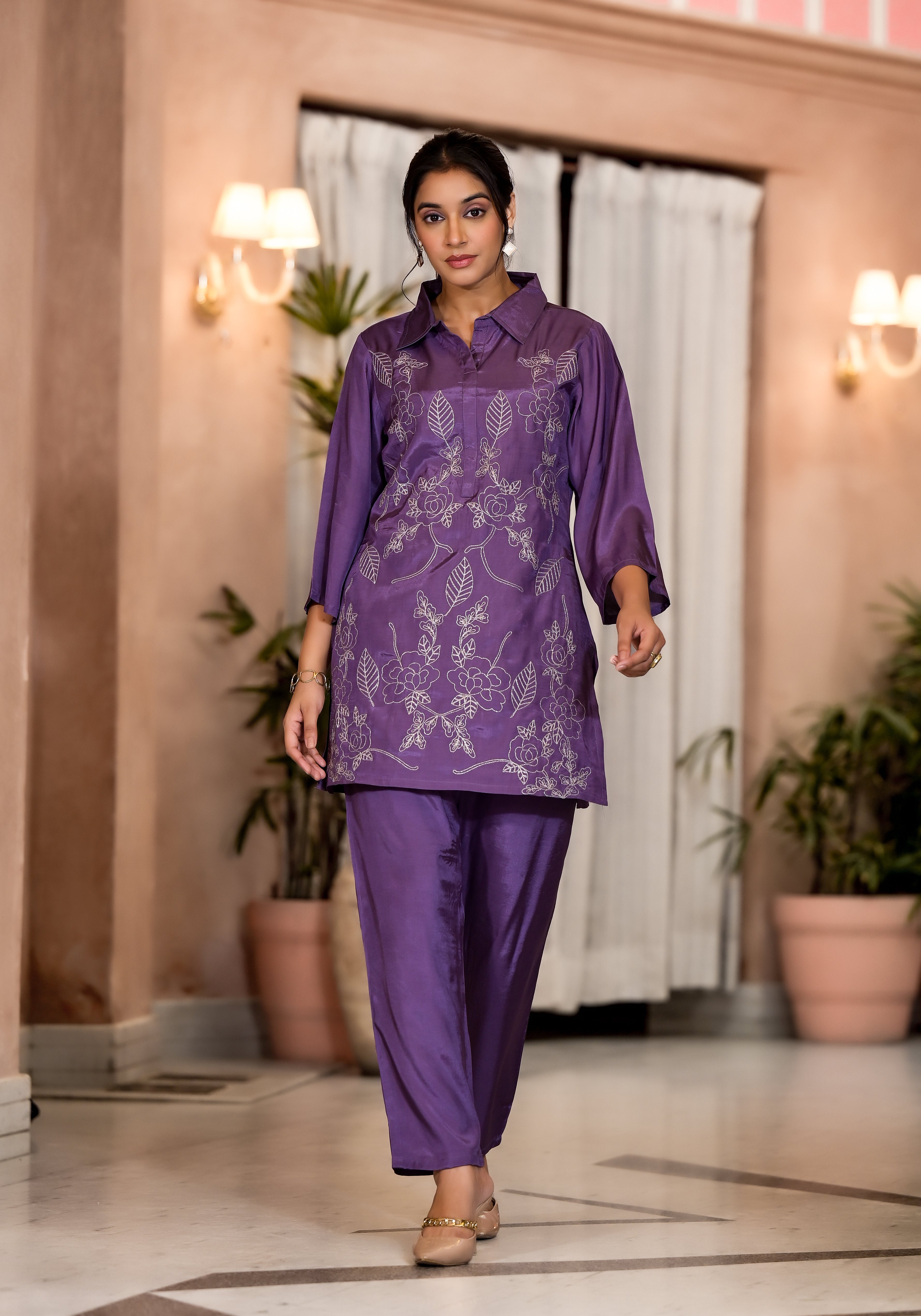 Women's Purple Work Regular Fit Embroidered Three Quarter Sleeves Co-Ord Sets