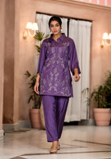 Women's Purple Work Regular Fit Embroidered Three Quarter Sleeves Co-Ord Sets