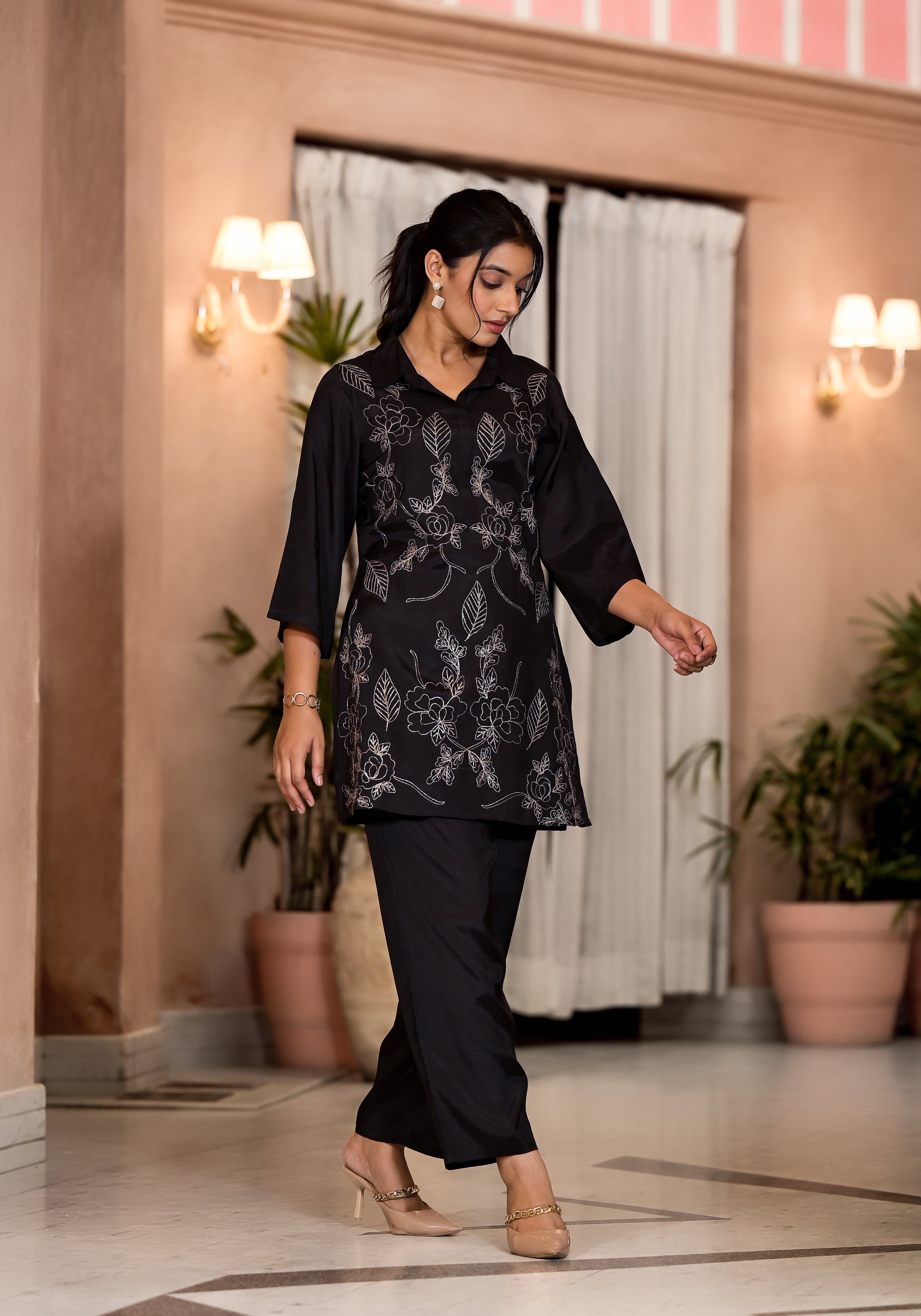 Women's Black Work Regular Fit Embroidered Three Quarter Sleeves Co-Ord Sets