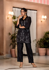 Women's Black Work Regular Fit Embroidered Three Quarter Sleeves Co-Ord Sets