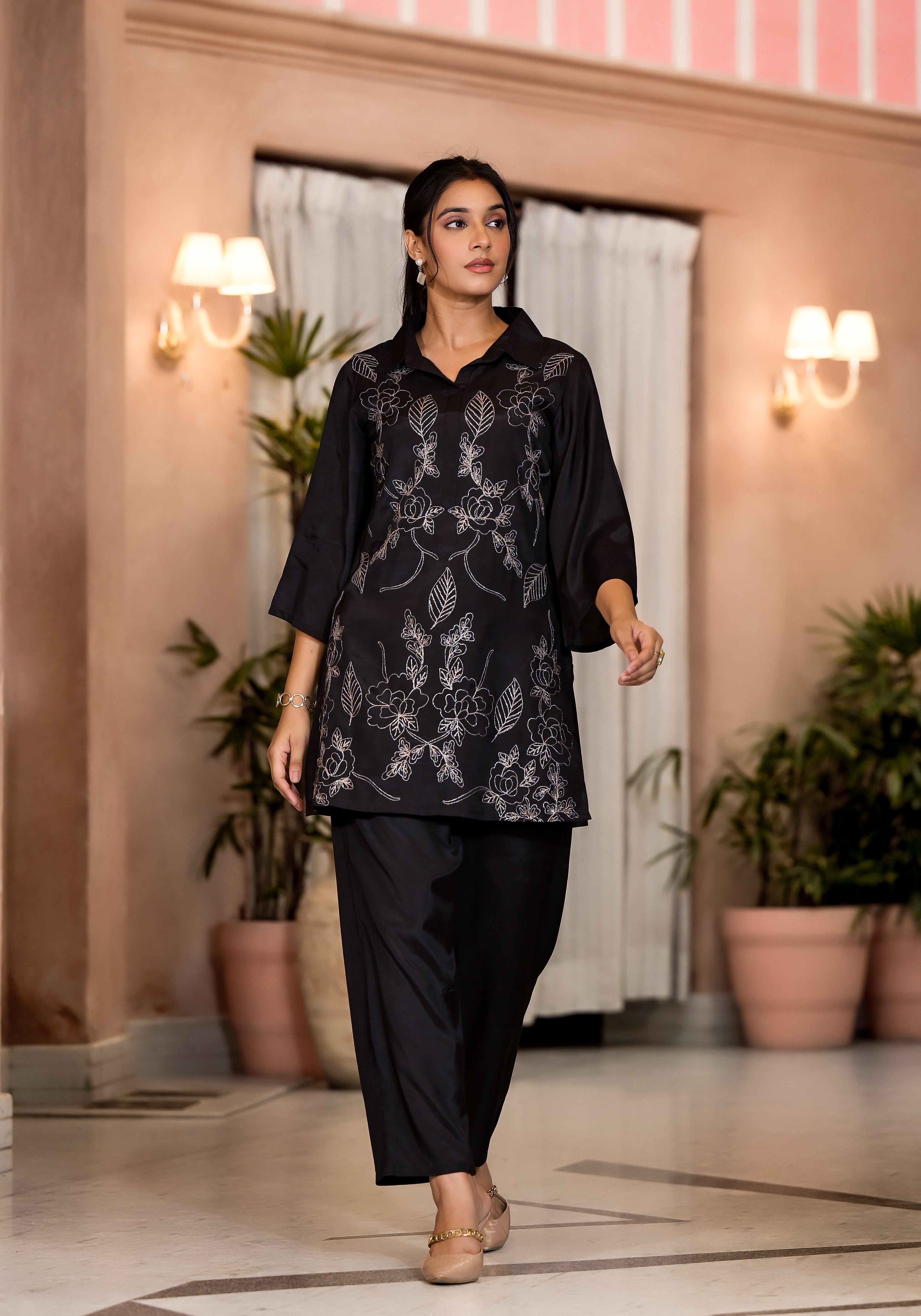 Women's Black Work Regular Fit Embroidered Three Quarter Sleeves Co-Ord Sets