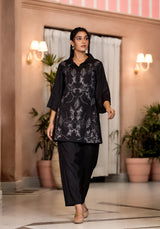 Women's Black Work Regular Fit Embroidered Three Quarter Sleeves Co-Ord Sets