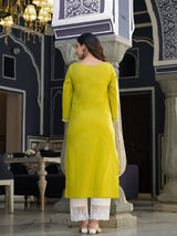 Women's Lime Green Embellished Round Neck Straight Kurta