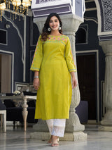 Women's Lime Green Embellished Round Neck Straight Kurta