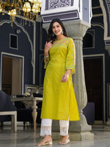 Women's Lime Green Embellished Round Neck Straight Kurta