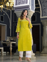 Women's Lime Green Embellished Round Neck Straight Kurta