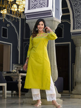 Women's Lime Green Embellished Round Neck Straight Kurta